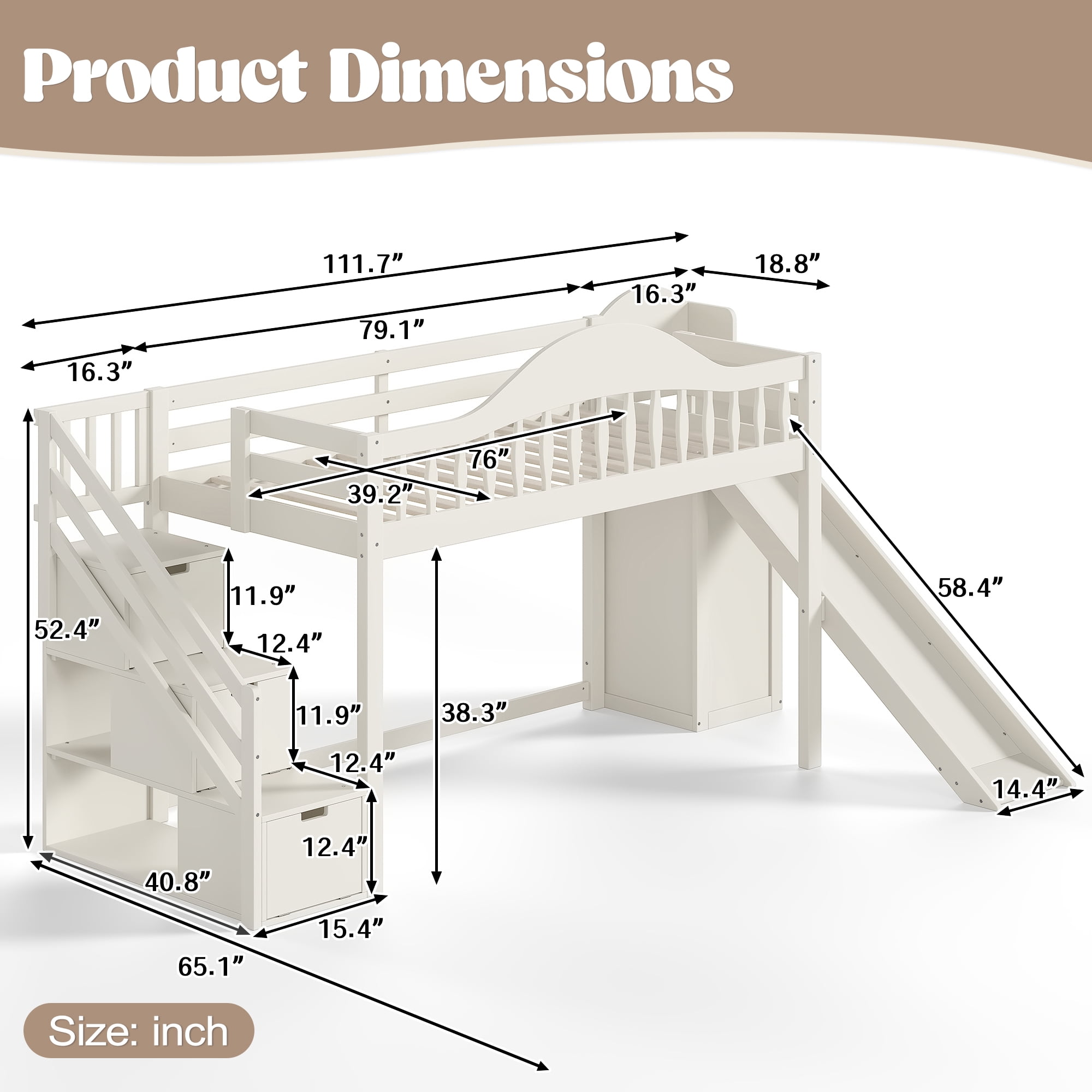 Leumius Twin Size Loft Bed with Storage Stairs, Slide & Built-in Wardrobe,Soild Wood Loft Bed Frame with High Guardrail,Beige