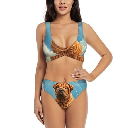 Zeuib Sunshine Cloud Bulldog High Waisted Tummy Control Bikini Set - Knot Front Push Up Top & Cheeky Thong Bottom  Two-Piece Swimsuit for Women-Medium