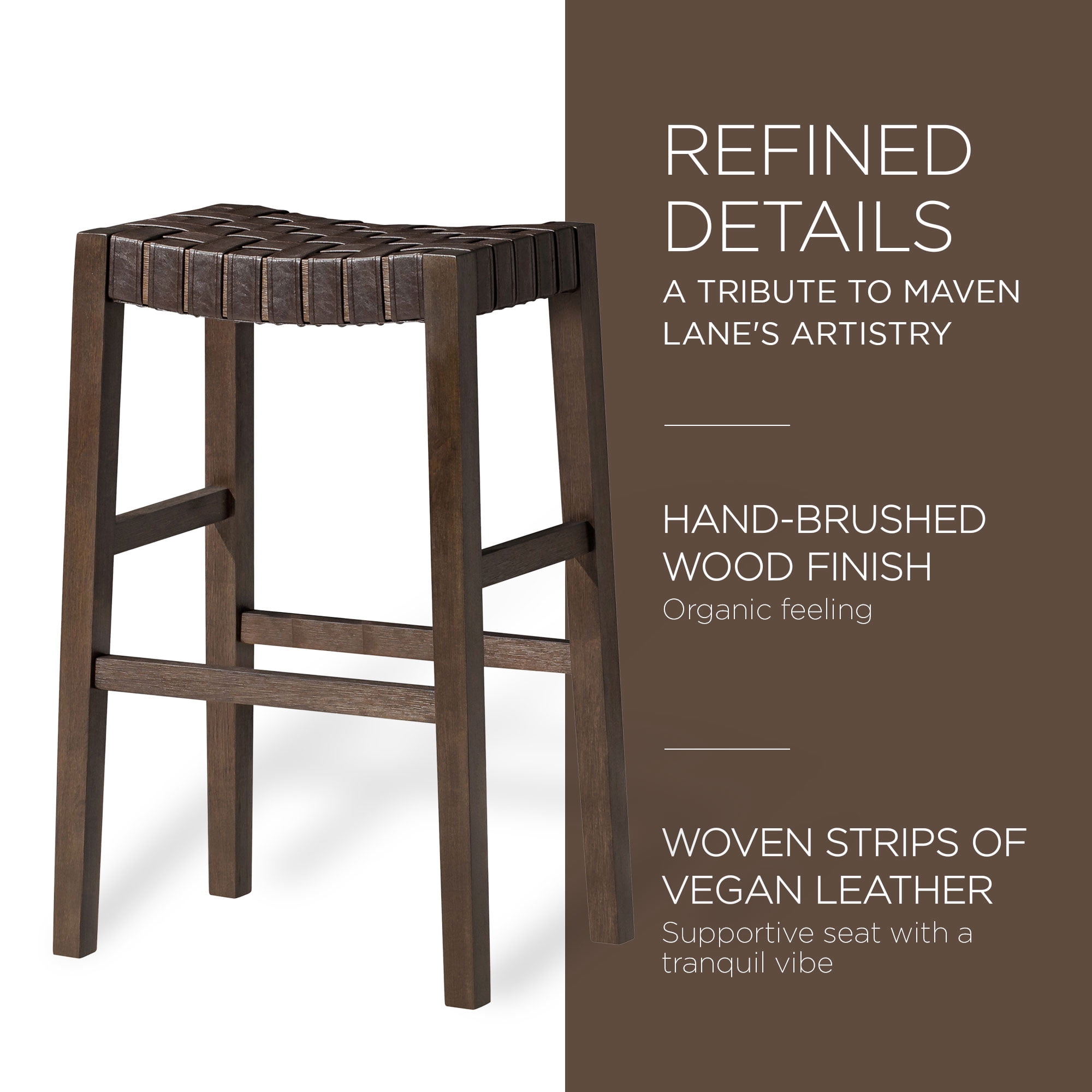 Maven Lane 31" Emerson Bar Height Stool - Weathered Brown Wood Finish & Marksman Saddle Vegan Leather Bar Stools - Artisan Backless Design Brings Rustic Elegance to Your Kitchen, Dining Area