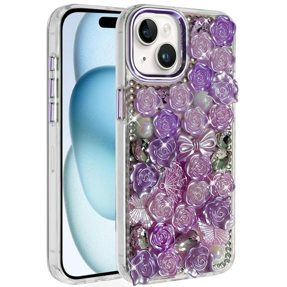 For iPhone 15 Muti-Color Floral Bling Stones Ornaments Case - Purple