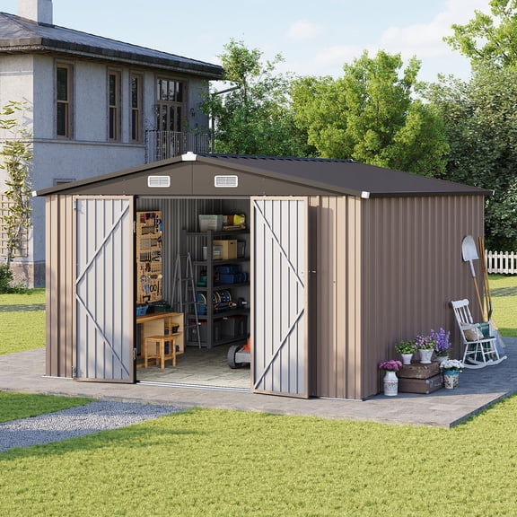 LazySunsets 10 x 12FT Shed Outdoor Storage Shed with Double Hinged Large Door, Large Metal Shed with Lockable Door & Sloped Roof for Garden, Backyard, Patio and Backyard, Brown