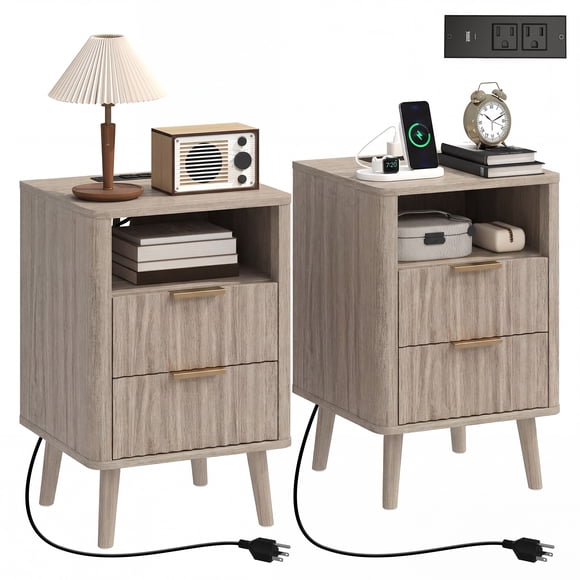 HOMCOM Nightstands Set of 2, Bedside Tables with Charging Station, Grey