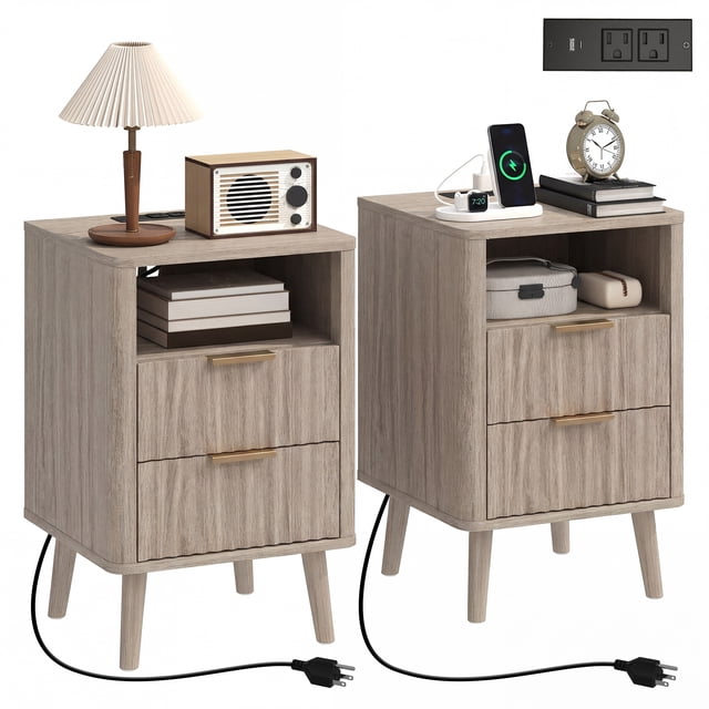 HOMCOM Ensemble de 2 Tables de Nuit, Tables de Chevet avec Station de Recharge, Gris