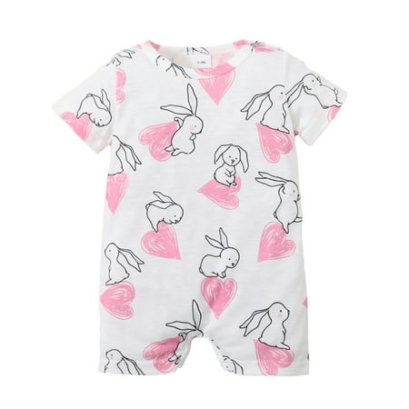 

KIMI BEAR Newborn Baby Girls Outfits 6 Months Spring Summer Outfits 12 Months Cute Rabbit Prints Short Sleeve Jumpsuit White