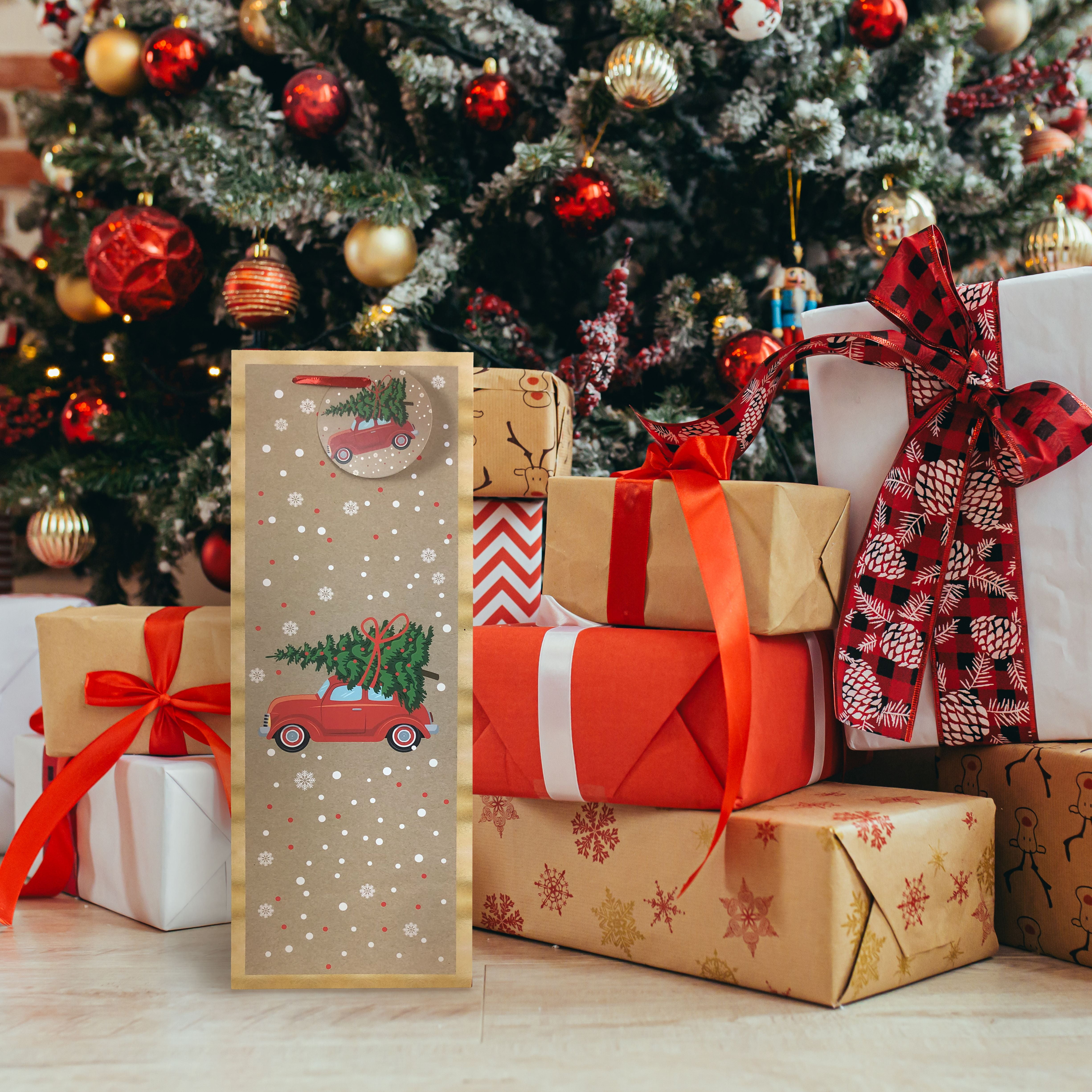 Holiday Time Christmas Wine Gift Bag With Tree and Car Design, CHRISTMAS WINE GIFT BAG WITH TREE