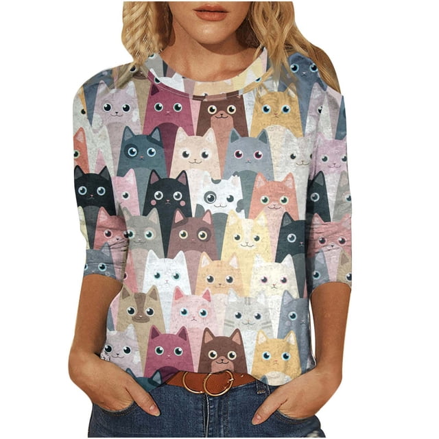 TopLLC Sweat-Shirt à Col Rond pour Femmes Manches 3/4 Décontracté Automne Imprimé Chat Animal Blouse Surdimensionnée S-2TG