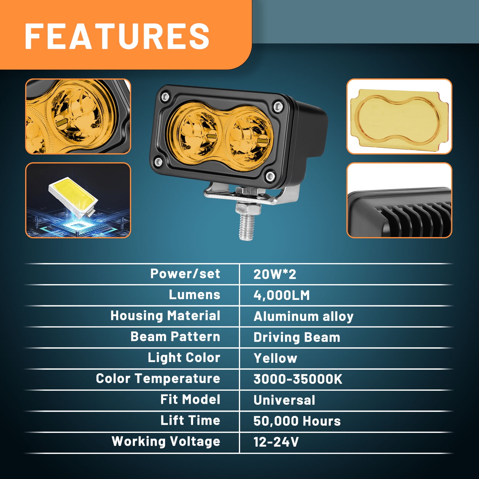 Yellow LED Pods, 2PCS 40W 3 Inch Ditch Lights Off Road Light Driving Beam Super Bright Fog Yellow Chase Light Driving LED Cubes for Truck Surron Motorcycle UTV ATV Dirt Bike Tractor
