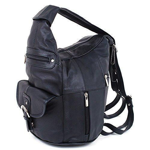 Womens Leather Convertible 7 Pocket Medium Size Tear Drop Sling Backpack Purse Bag Black