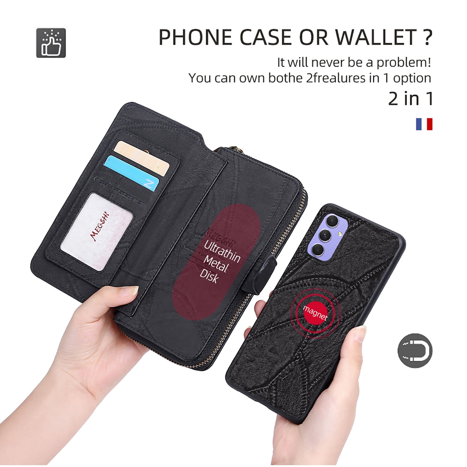 For Samsung Galaxy S25 Wallet Case with RFID Blocking Credit Card Holder, Detachable Wallet Phone Case Magnetic Closure Flip Kickstand PU Leather Flip Lanyard Strap Wristlet Zipper Purse,Black