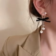 thumbnail image 2 of SUSHANG Bow Earrings Velvet Bow Stud Earrings Design Sense Festive Earrings with Earrings Female Velvet Bow Pearl Diamond Earrings Super Long Earrings Simple Fashion Earrings, 2 of 6