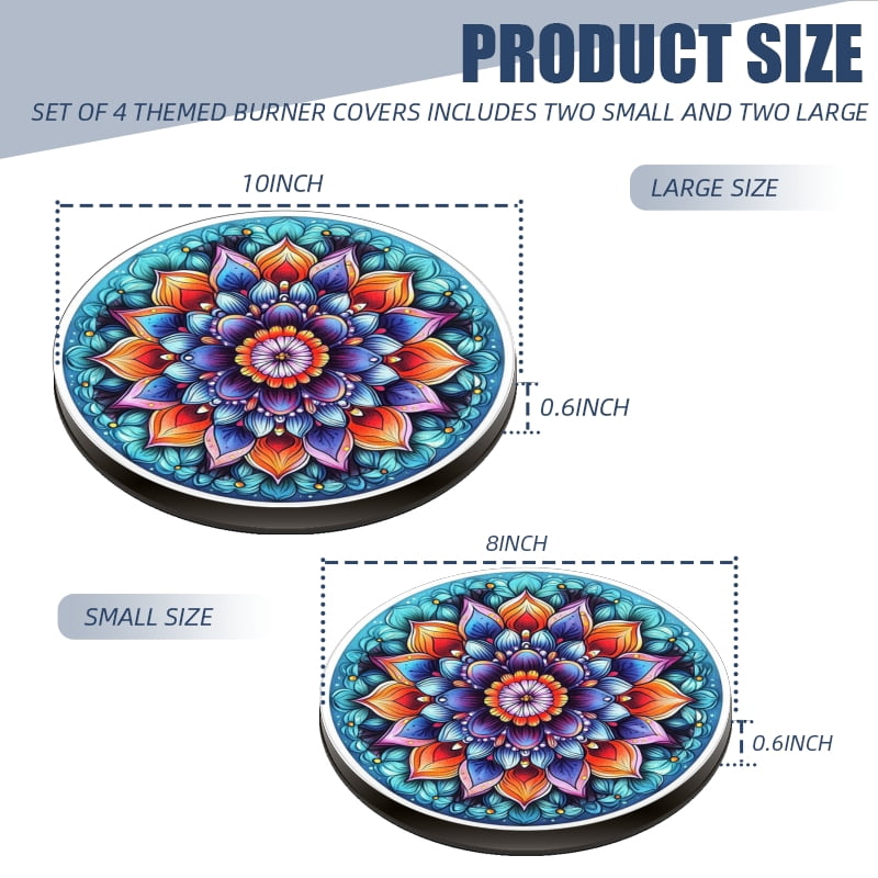 Round Stove Burner Covers Set of 4, Multicolored Mandala Lotus Pattern Easy to Clean Kitchen Decorative Gas Stove Burner Covers, 8 Inches and 10 Inches