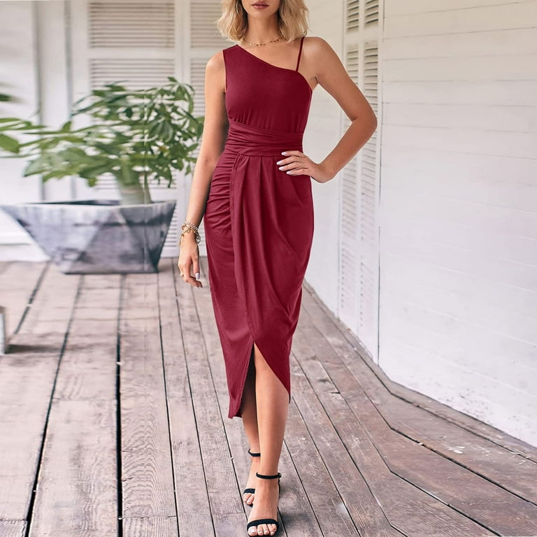 Ersazi Semi formal Dresses for Women On Clearance Fashion Women Sexy Casual Summer Solid One Shoulder Sleeveless Long Dress Womens Work Dresses Wine S Walmart