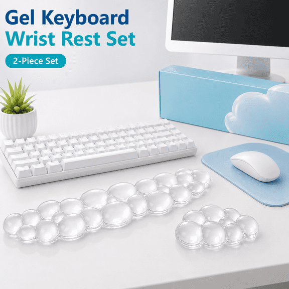 VBNDMAW 2-Piece Keyboard and Mouse Wrist Rest Set, Memory Foam Cloud Wrist Cushion with Non-Slip Rubber Base, Waterproof, White, 10 x 4 in
