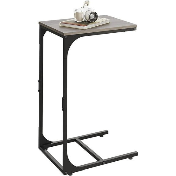 C Shaped End Table, Small Couch Side Tables with Metal Frame That Slide Under, Sofa Table TV Tray for Living Room, Bedroom, Rustic Brown