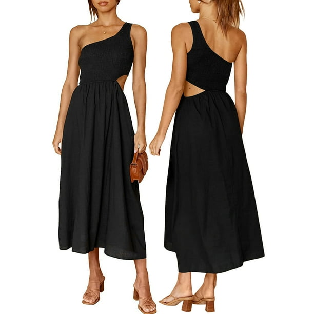 SAYOO vestidos largos acampanados para mujer 2022, verano sin mangas de un hombro fruncido Color sólido recorte de una pieza SAYOO casual