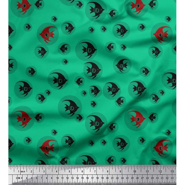 Soimoi Green Poly Georgette Fabric Fish Ocean Decor Fabric Printed Yard 42 Inch Wide