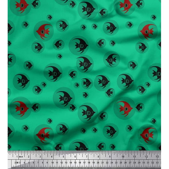 Soimoi Green Cotton Duck Fabric Fish Ocean Print Fabric by Yard 42 Inch Wide