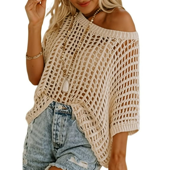 SHITINN Womens Summer Neck Short Sleeve Sweater Casual Crochet Hollow Out Knit Tops Pullover Shir Short Sleeve Shirts for Women Summer Outfits for Women Women's Tops