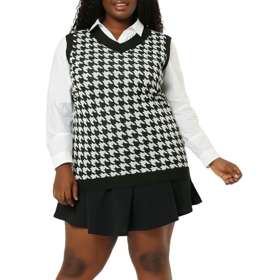 Agnes Orinda Women's Plus Size Houndstooth V Neck Vest Sweaters 1X Black White