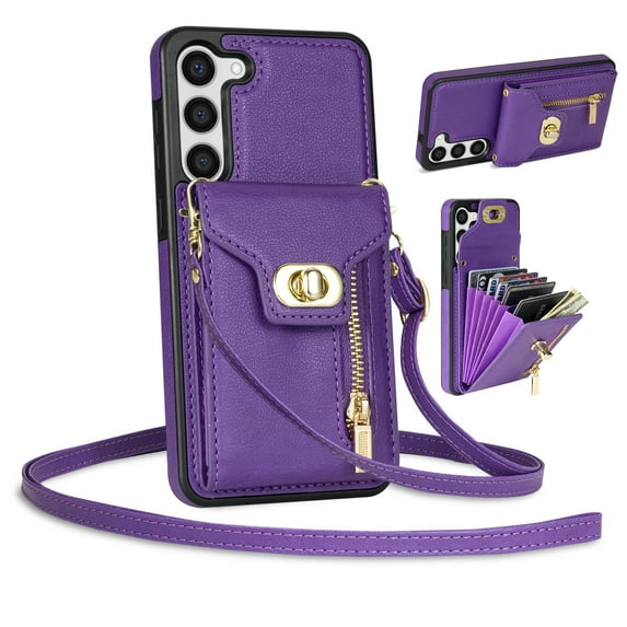 Mantto for Samsung Galaxy S22 Back Zipper Wallet Case with Detachable Shoulder Strap,Luxury Metal Buckle Card Slots Shockproof Premium PU Leather Stand Crossbody Phone Case for Women Men,Purple