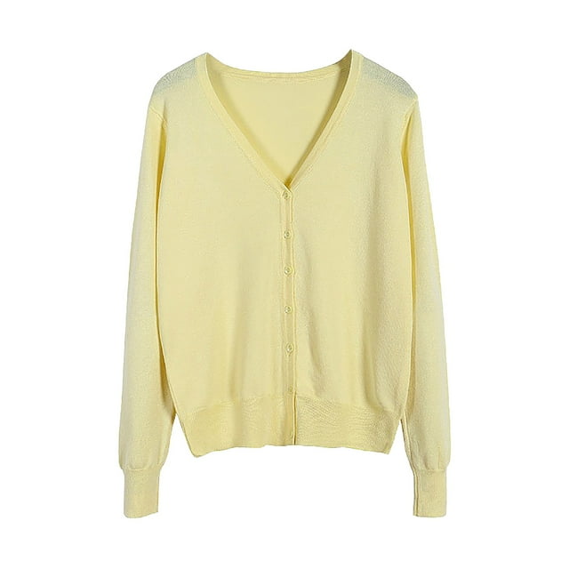 HBFAGFB Cardigan for Women Spring Autumn Knitted Long Sleeves Simple Versatile Daily Wear Light Yellow Size L