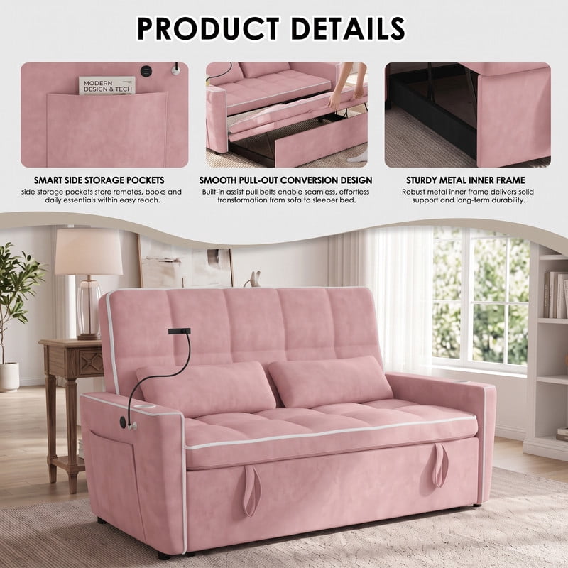 Anpport 54" 3‑in‑1 Convertible Sleeper Sofa Bed, Loveseat with White Trim, USB Charging Port, Phone Stand, 2 Cup Holders and 2 Pillows for Living Room, Bedroom and Apartment, Pink