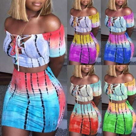 Party Skirt Set - Fashion Women Sexy 2 Piece Bodycon Two Piece Crop Top and Skirt Set Lace Up Dress Party