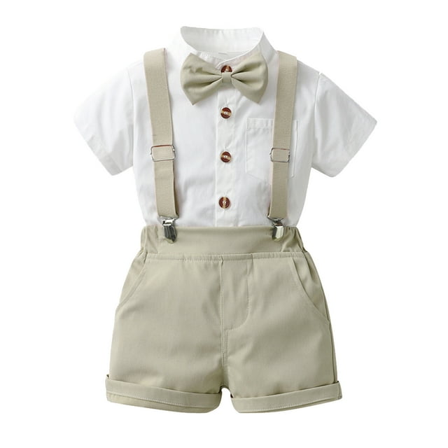 MIASHUI Ensemble 2 Pcs Été Garçon T-Shirt à Manches Courtes Bretelles Shorts, Beige, 4-5 Ans