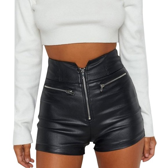 Vegan Leather Pants For Women Edgy Comfortable Stretch Slim Solid Color Straight Wide Leg Shorts With Zip Up Women'S Shorts Black S