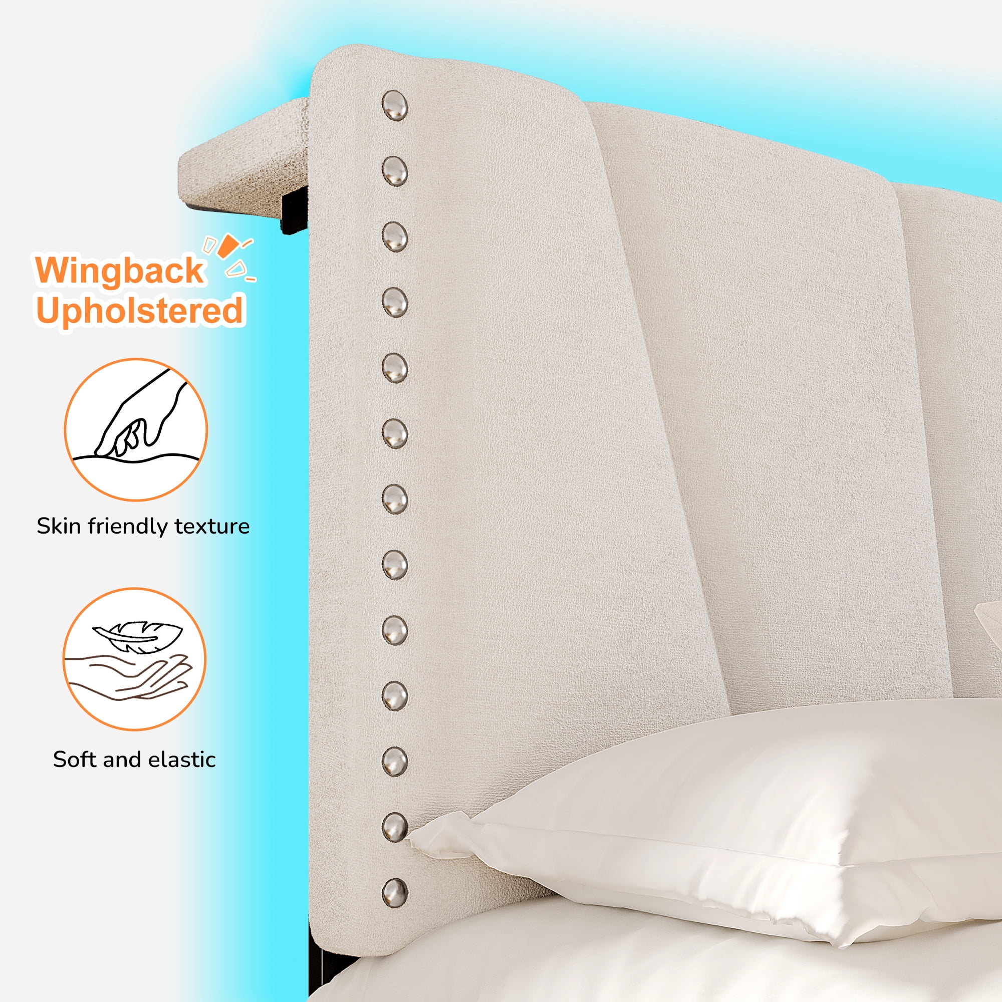 Romorgniz King Size Bed Frame with Underbed Storage Upholstered Bed Frame with Adjustable Headboard Platform Bed Frame with LED Light & Charge Station ,Beige