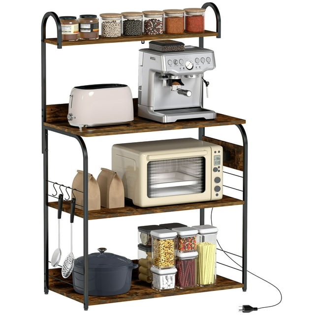 CoSoTower Baker's Rack with Charing Station, Microwave Shelf with Power Outlet, USB Charger and 4 Hooks, Rustic Brown