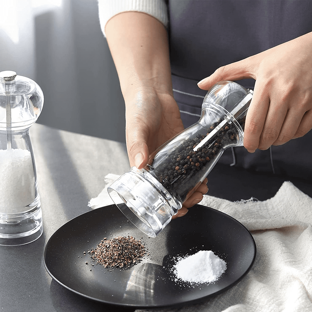Kaiciuss salt and pepper grinder mill set refillable large,the best  transparent acrylic grinders for whole peppercorn and himalayan salt
