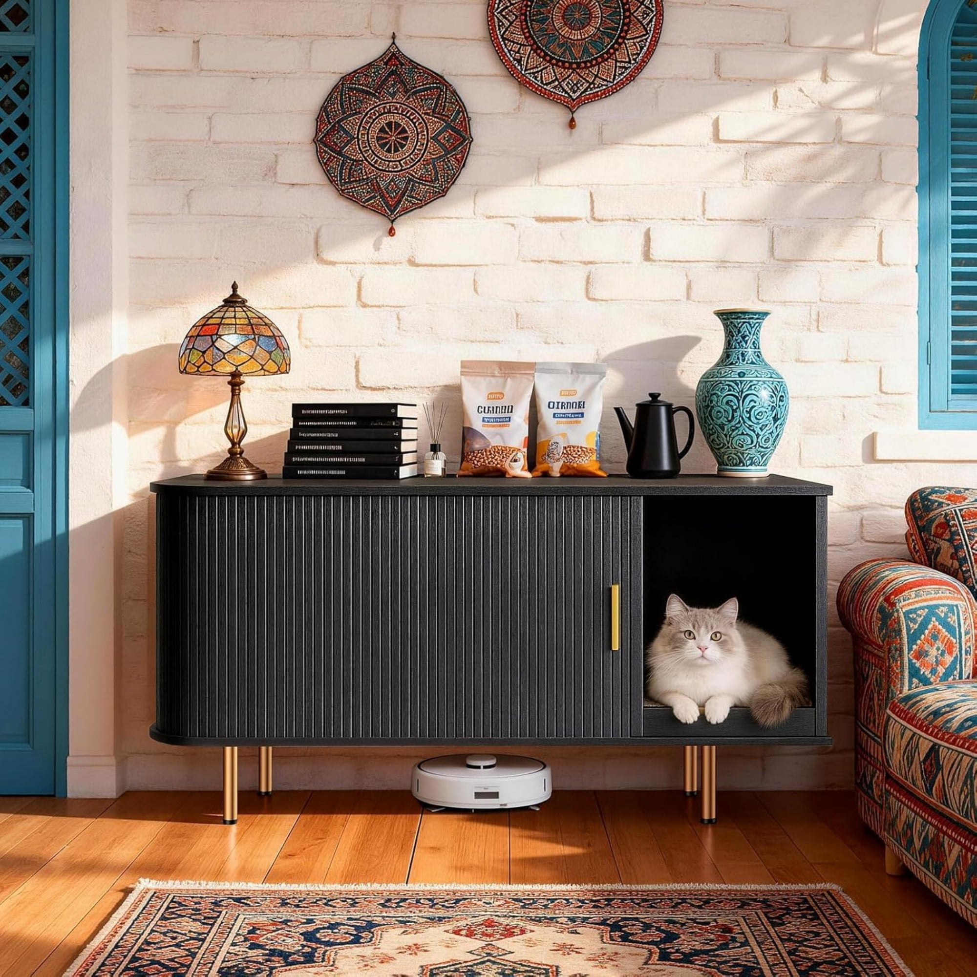 Cat Litter Box Enclosure Furniture with Sliding Door, Hidden Cat House Cabinet with Scratch Pad, Modern TV Stand Side Table, Black