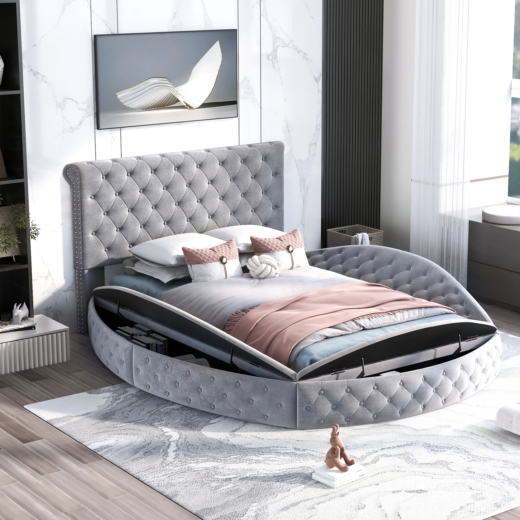 Full Size Round Shape Upholstery Low Profile Storage Platform Bed with Storage Space on Both Sides, Gray - image 3 of 11