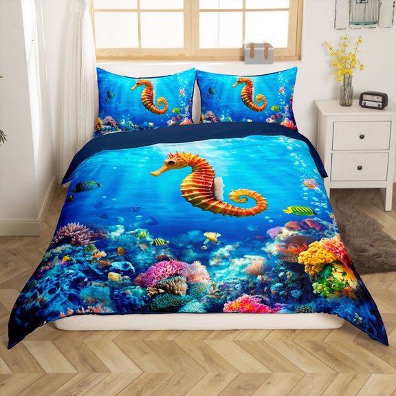Erosebridal Sea Seahorse Comforter Cover Twin,Underwtaer World Bedding Twin Size,Ocean Theme Decor,Reversible,2-Piece(No Comforter)