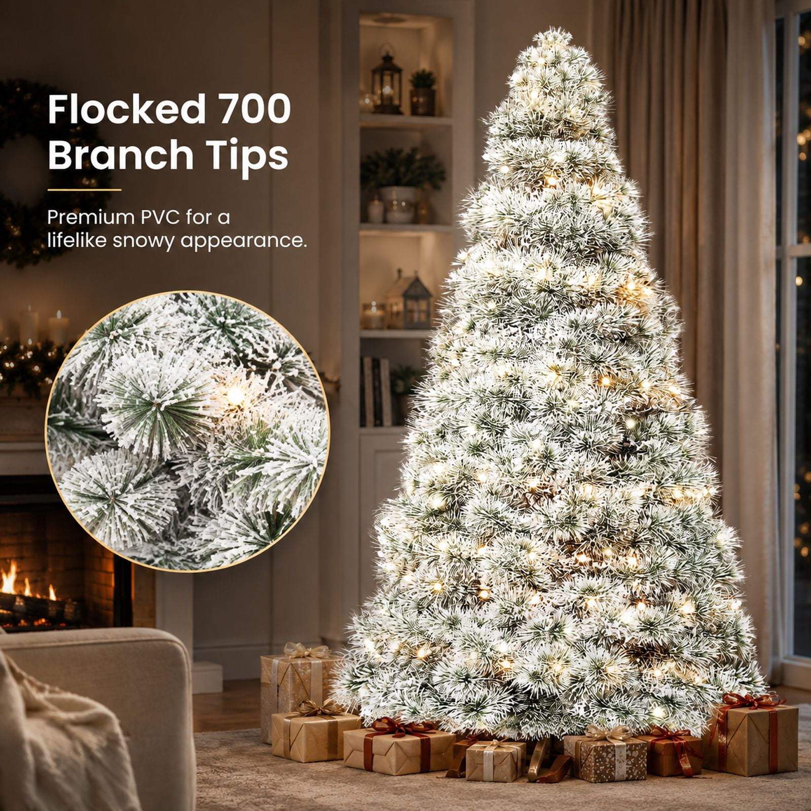 Alvantor 6FT Flocked Prelit Artificial Christmas Tree with 700 Branch Tips & 250 Lights
