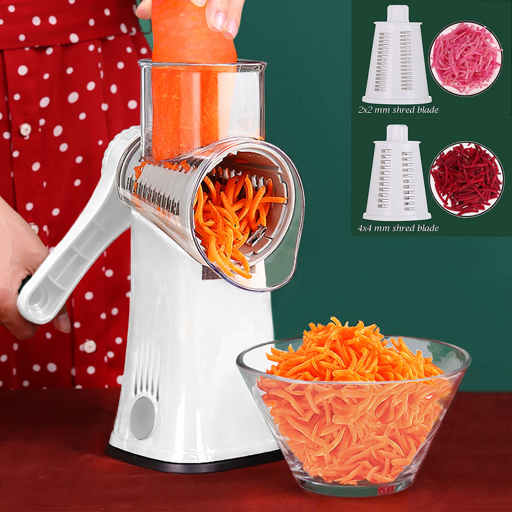 Anjinsoft Hand Crank Rotary Cheese Grater Carrot Shredder Vegetable Slicer, 5 Stainless Steel Blades, Dishwasher Safe, White