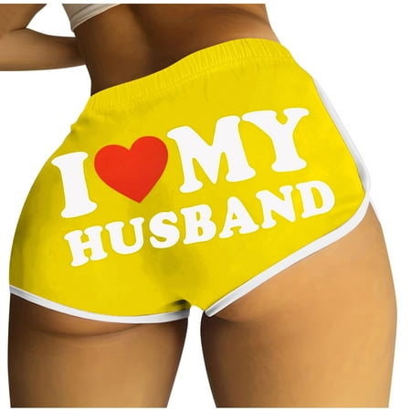 Lovskoo I Love My Husband Booty Shorts for Women Letter Printed Yoga Sport Workout Hot Pants Elastic Waist Athletic Lounge Shorts Yellow