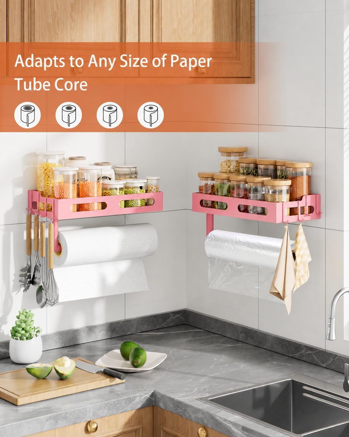 Paper Towel Holder Wall Mount for Kitchen, One-Handed Tear, Bathroom Paper Towel Holder with Shelf, RV Paper Towel Rack Wall Mount Paper Roll Holder with 4 Hooks, Matte Black