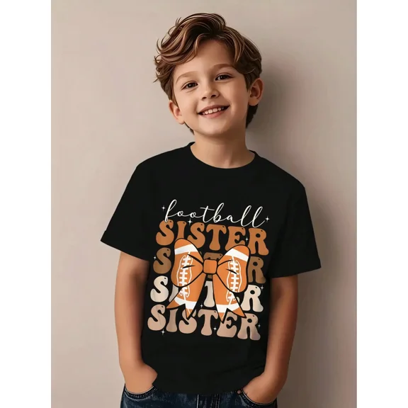 Girl's Cute Retro Football Sister Bow Graphic T-Shirt