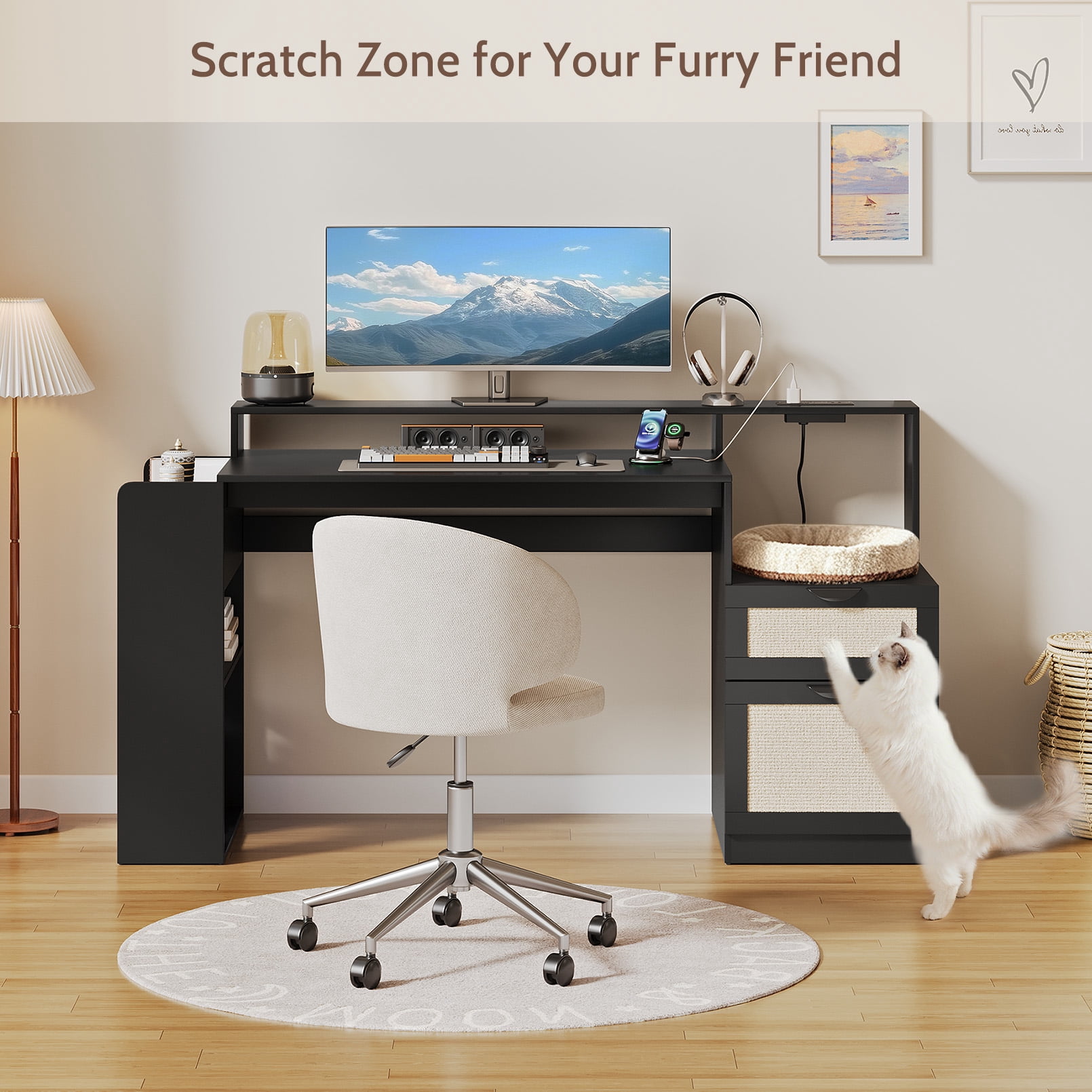 Vividwood Farmhouse Computer Desk with Drawers and Power Outlets, 60” Home Office Desk with Adjustable File Drawer, Cat Scratching Pad, Printer Stand, Shelves & Monitor Riser