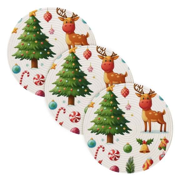 Trivets for Hot Dishes 15 Inches Hot Pads 3 Pcs Heat Resistant Mats for Countertop Polyester Cord Braiding Durable and Absorbent,Applicable to Kitchen Decor Reindeer and Rainbow Candy Sticks