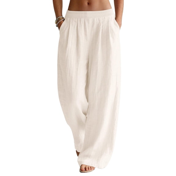 Linen Pants Women Wide Leg Palazzo Summer Flowy Pants Beach Vacation Clothes Elastic Waist Travel Trousers with Pockets Beige L