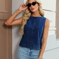 thumbnail image 5 of Round Neck Denim Vest for Women, Sleeveless Button Front Jean Tank Top - Casual Summer Vintage Washed Straight Fit Shirt Dark Blue L, 5 of 8