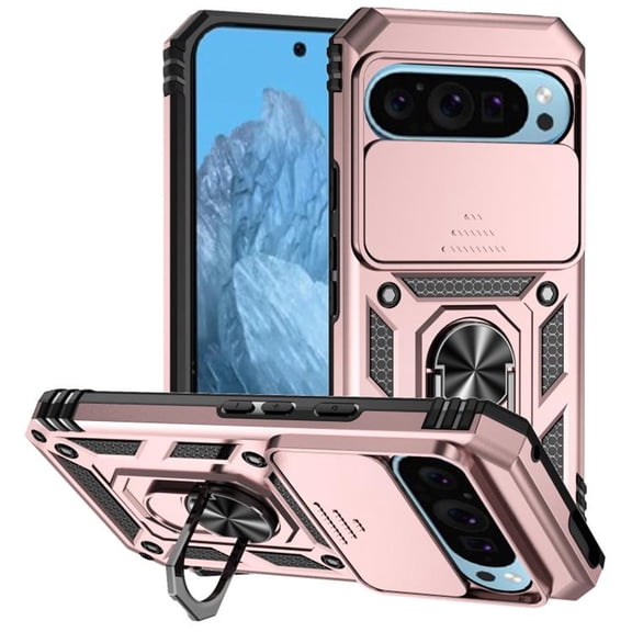 For Google Pixel 9 / 9 Pro 6.3" Slim Fit With Slide Camera Cover & Rotated Ring Kickstand,Shockproof Phone Case,Rose gold,For Pixel 9 / 9 Pro