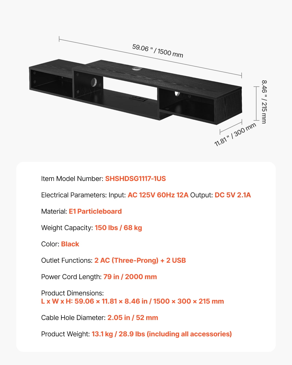 VEVOR Floating TV Stand, 59" Wall Mount Entertainment Center with Power Outlet & Cable Hole, Modern Floating TV Shelf with Storage Cabinet for DVD Player, Cable Box, Game Console,TV Accessory,Black