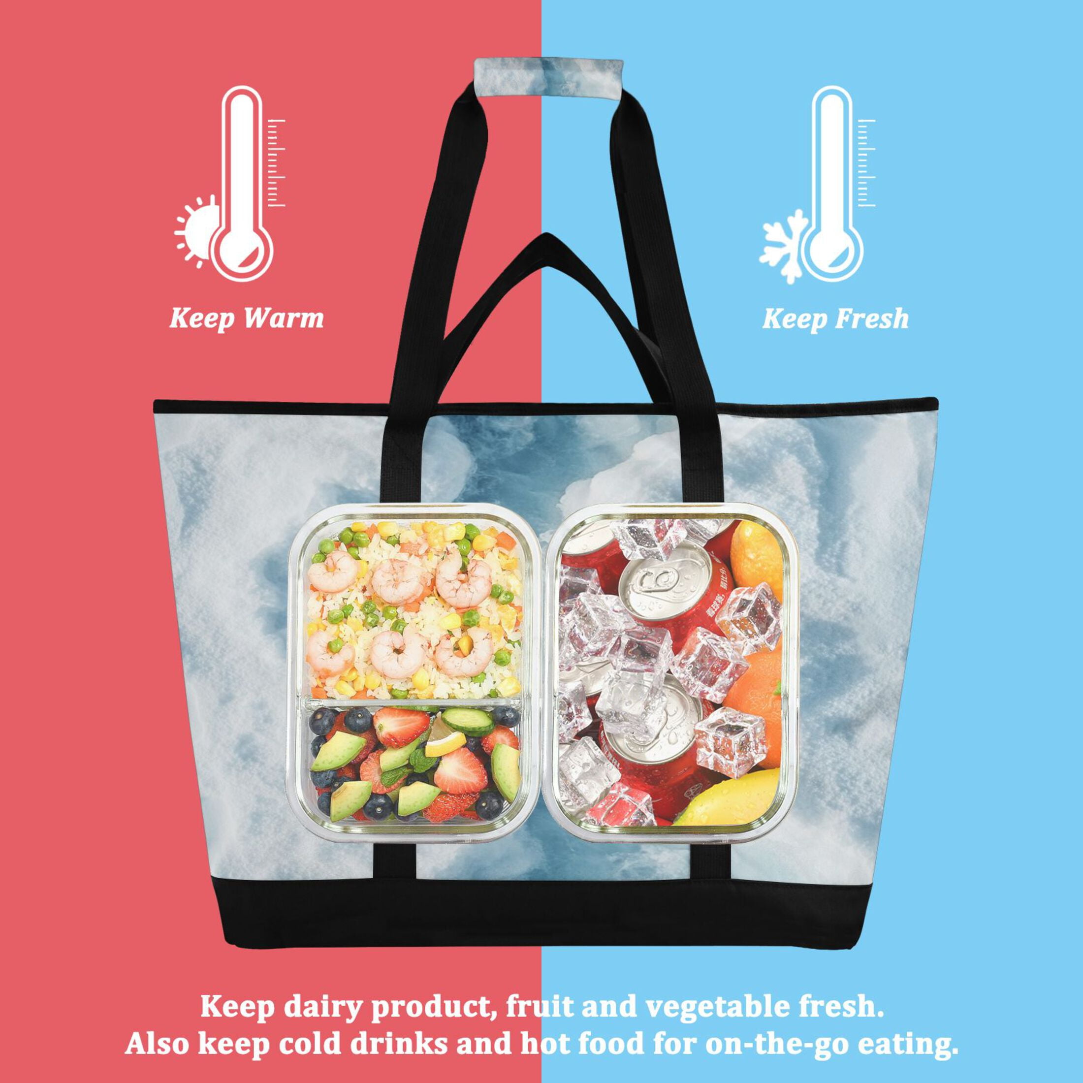 Large Hand-held Ice Pack Picnic Bag Insulation and Refrigeration Suitable for Shopping Picnics and Camping White Ocean Pattern
