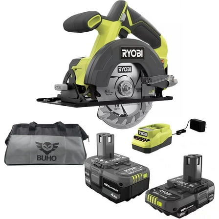 Cordless Circular Saw Bundle with Ryobi 18-Volt Circular Saw, 4.0 Ah and 2.0 Ah Batteries, 18-Volt Lithium-Ion Charger, and 16 Inch Buho Tool Bag