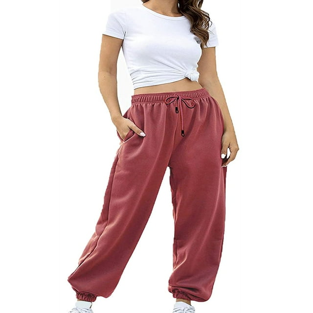 PENGXIANG Women Autumn Casual Pants Solid Color Drawstring Elastic-Waist Long Trousers with Pockets M