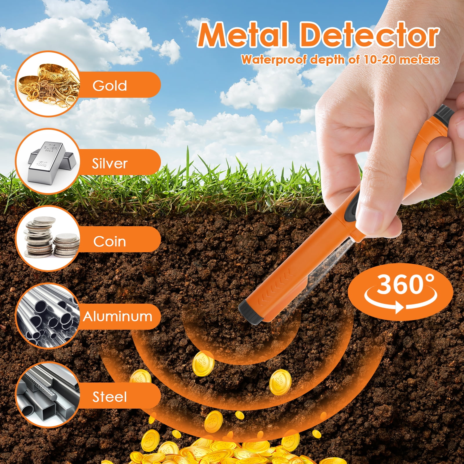 Ikoopy Waterproof Metal Detector with Hanging Storage Bag 360° Detection Handheld Pin Pointer Wand for Outdoor Beach Treasure